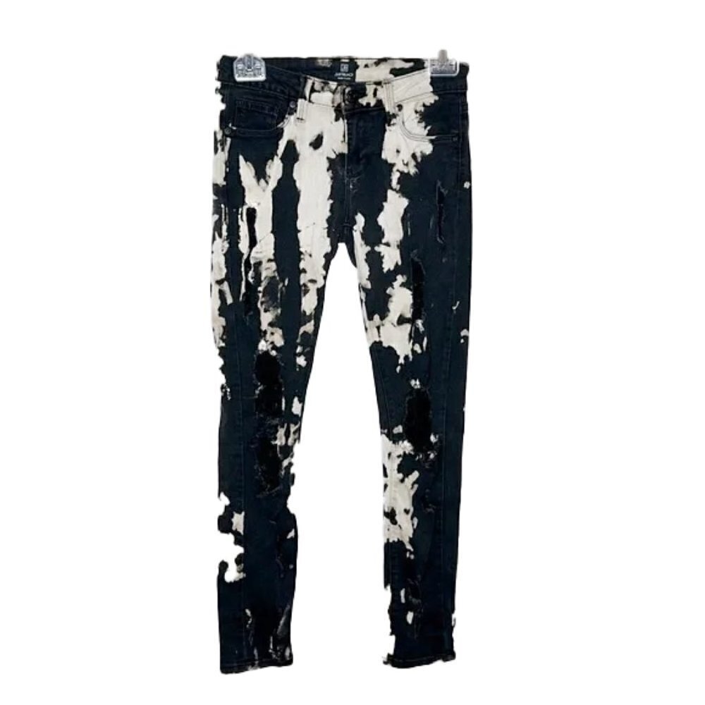 💙 JUST BLACK Womens Jeans black bleach wash Tie Dye Mid Rise Denim Distressed